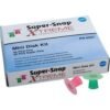 Thin digital image showing a box of Super-Snap X-Treme Mini Disk Kits for dental restorations, with pink and green composite disks.